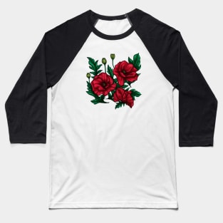 Hand-drawn red and green poppies flowers on white Baseball T-Shirt